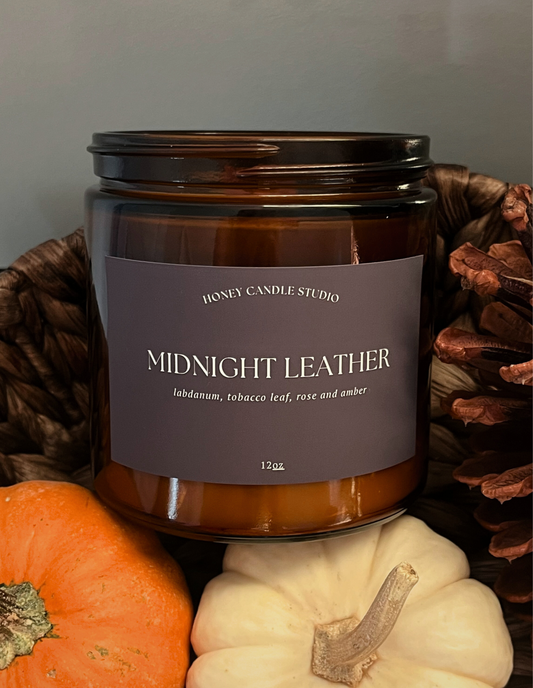 12oz Midnight Leather | Labdanum + Tobacco Leaf + Rose + Amber